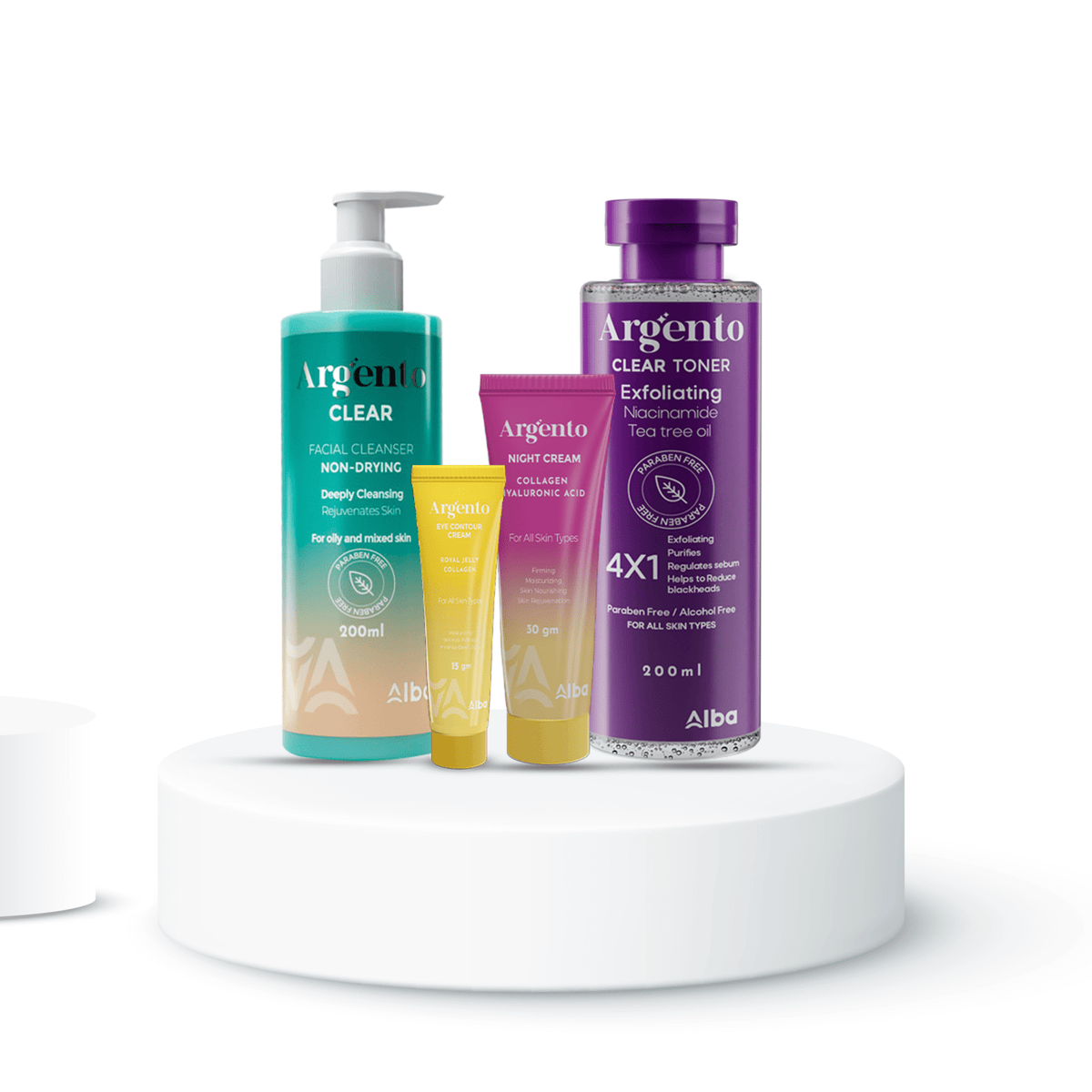 Argento Clear Cleanser, Argento Toner, Argento Nite Cream 30g, and Eye Contour - Alba Pharma